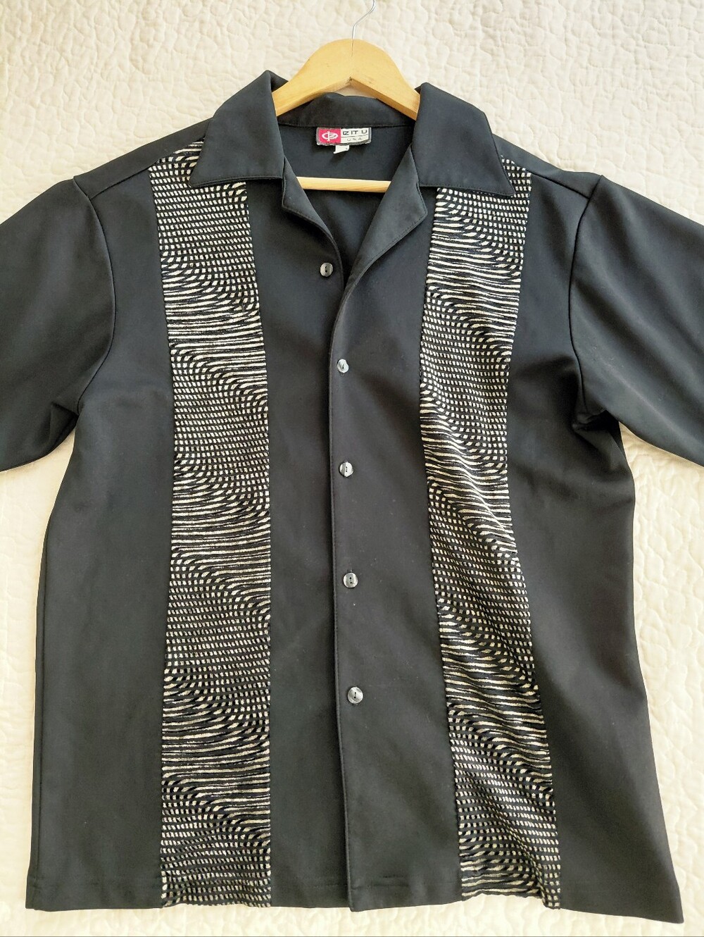 Vintage 90s Retro Black Bowler style Short-Sleeve Shirt with Faux Fur Panels
